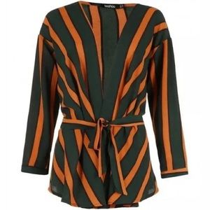 Boohoo-Stripe Wrap Tie Waist Blouse